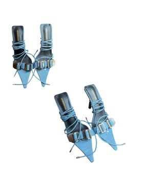 Lemonade Denim Lace-Up Pointed Toe Heels in Light Blue